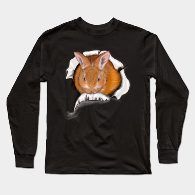 Ginger bunny rabbit bursting through hole   - cute ginger bunny rabbit black background Long Sleeve T-Shirt by Artonmytee